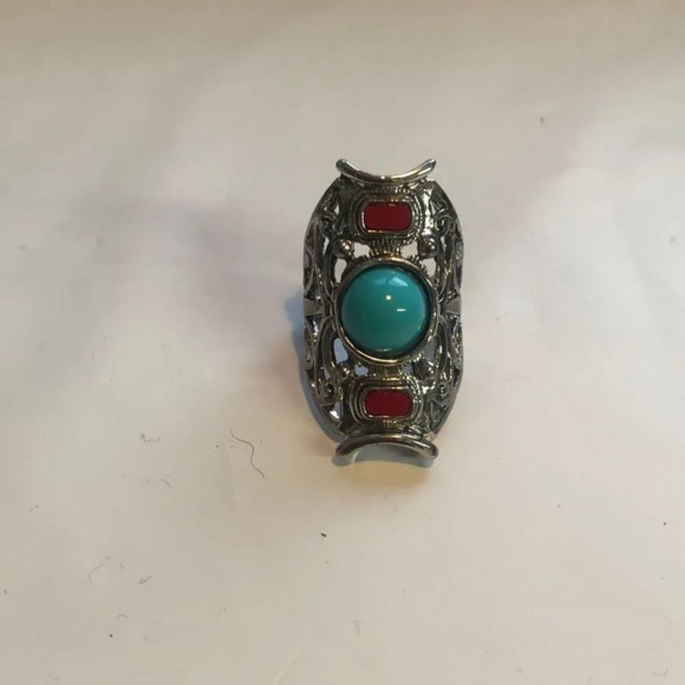 Boho Silver Tone Filigree Statement Ring Faux Turquoise Red Accents Size 5